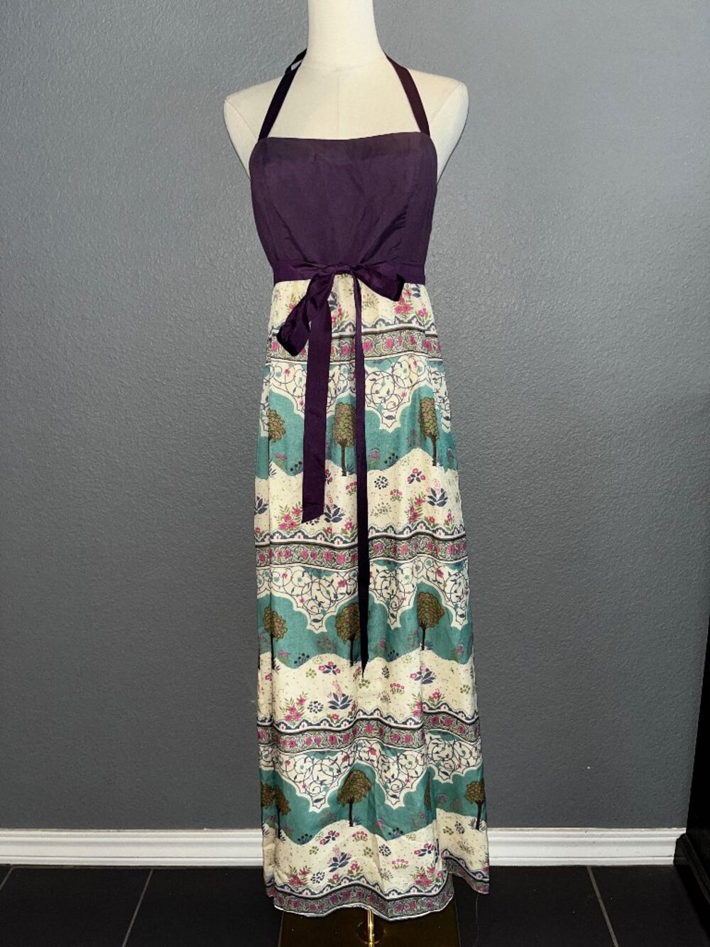 Anthropologie Maeve Skoura Idyll Tree Purple Floral Silk Blend Halter Maxi Dress